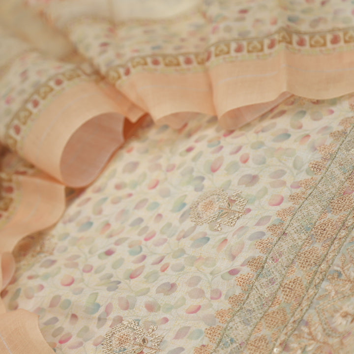 Nigahen Mellow Orange Printed Cotton Linen Top with Printed Cotton Linen Dupatta Set