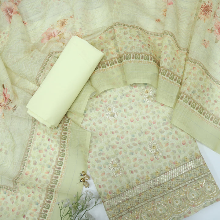 Nigahen Butter Yellow Printed Cotton Linen Top with Printed Cotton Linen Dupatta Set