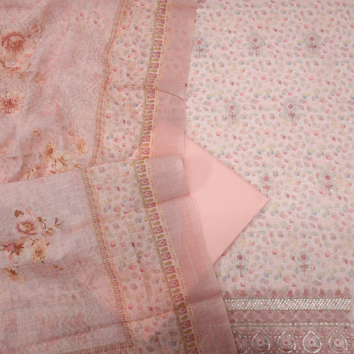 Nigahen Salmon Pink Printed Cotton Linen Top with Printed Cotton Linen Dupatta Set