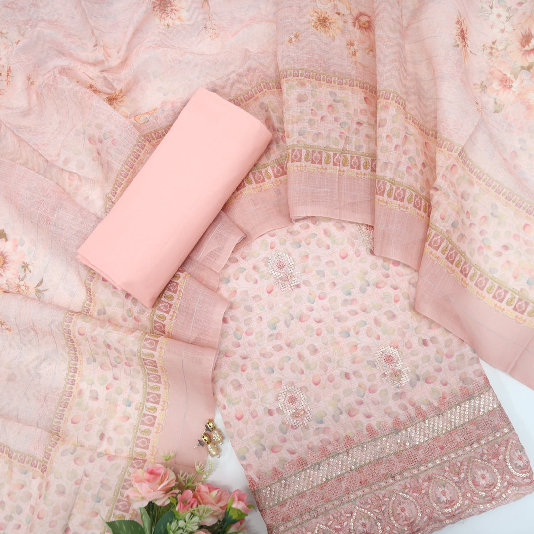 Nigahen Salmon Pink Printed Cotton Linen Top with Printed Cotton Linen Dupatta Set