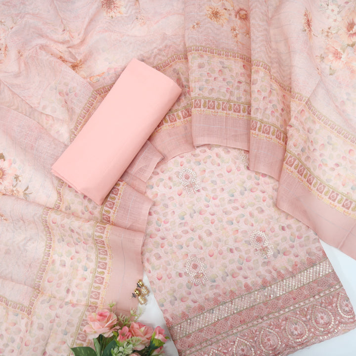 Nigahen Salmon Pink Printed Cotton Linen Top with Printed Cotton Linen Dupatta Set