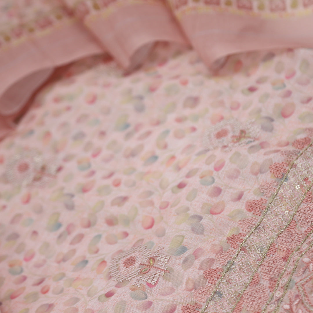 Nigahen Salmon Pink Printed Cotton Linen Top with Printed Cotton Linen Dupatta Set