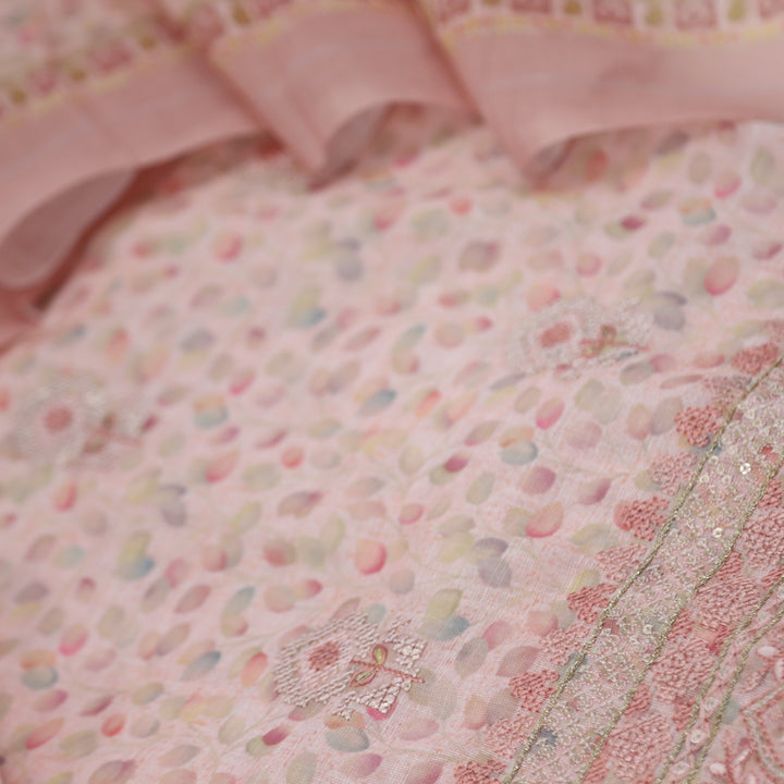 Nigahen Salmon Pink Printed Cotton Linen Top with Printed Cotton Linen Dupatta Set