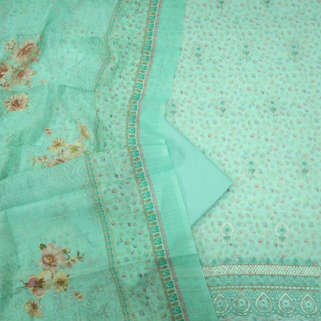 Nigahen Sea Green Printed Cotton Linen Top with Printed Cotton Linen Dupatta Set