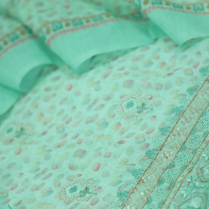 Nigahen Sea Green Printed Cotton Linen Top with Printed Cotton Linen Dupatta Set