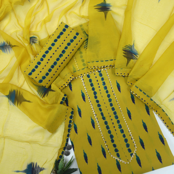 Bandegi Corn Yellow Printed Cotton Top with Chiffon Dupatta Set