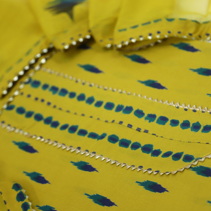 Bandegi Corn Yellow Printed Cotton Top with Chiffon Dupatta Set