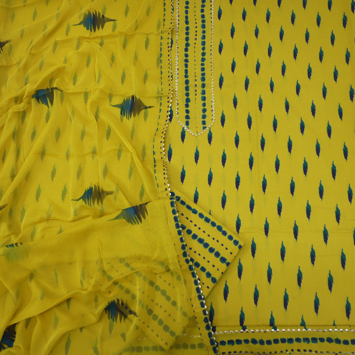 Bandegi Corn Yellow Printed Cotton Top with Chiffon Dupatta Set