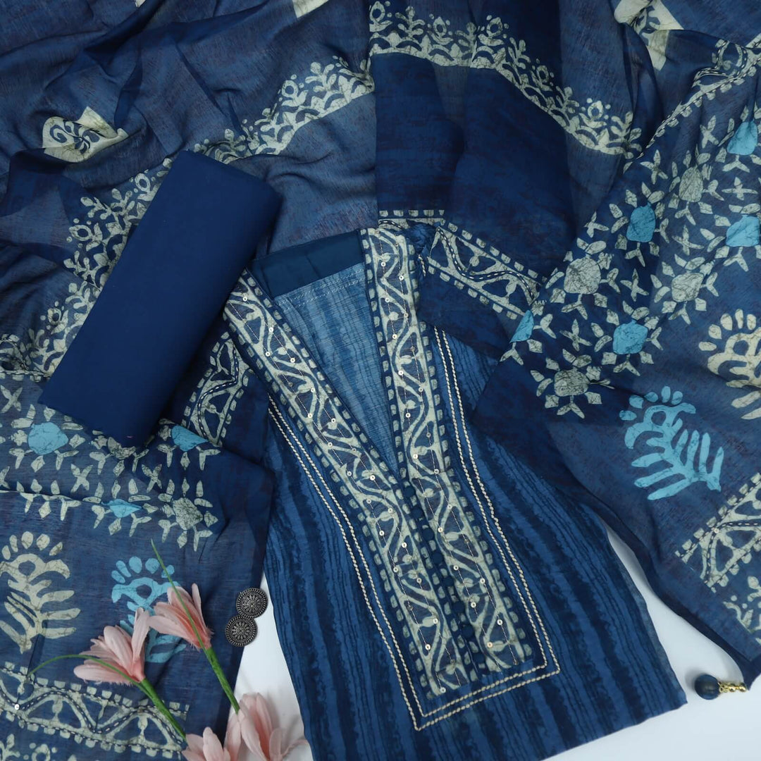 Afsoon Yale Blue Digital Printed Chanderi Top with Kantha Dupatta Set
