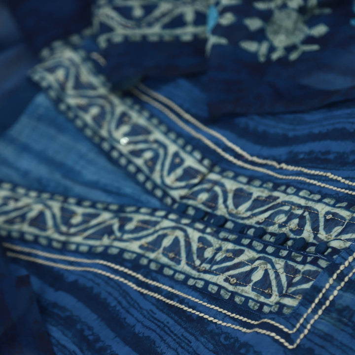 Afsoon Yale Blue Digital Printed Chanderi Top with Kantha Dupatta Set