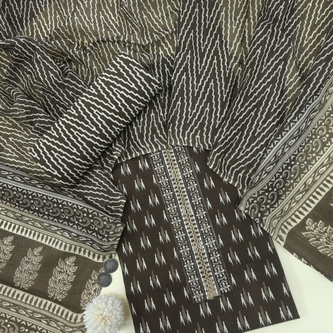 Silah Sepia Brown and White Cotton Top with Stripe Dupatta