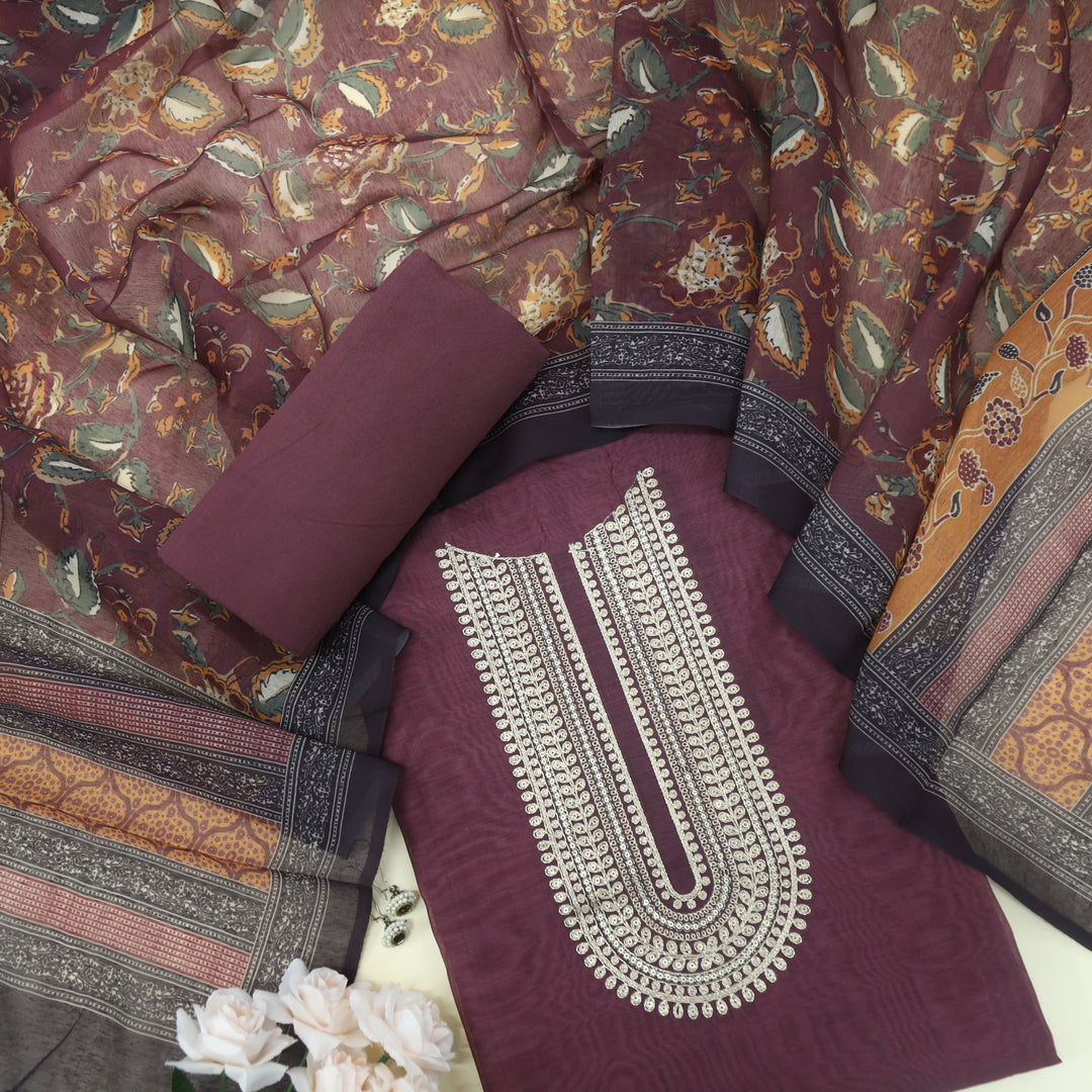 Lehjaa Mulberry Purple  Embroidered Chanderi Top with Printed Chanderi Dupatta Set