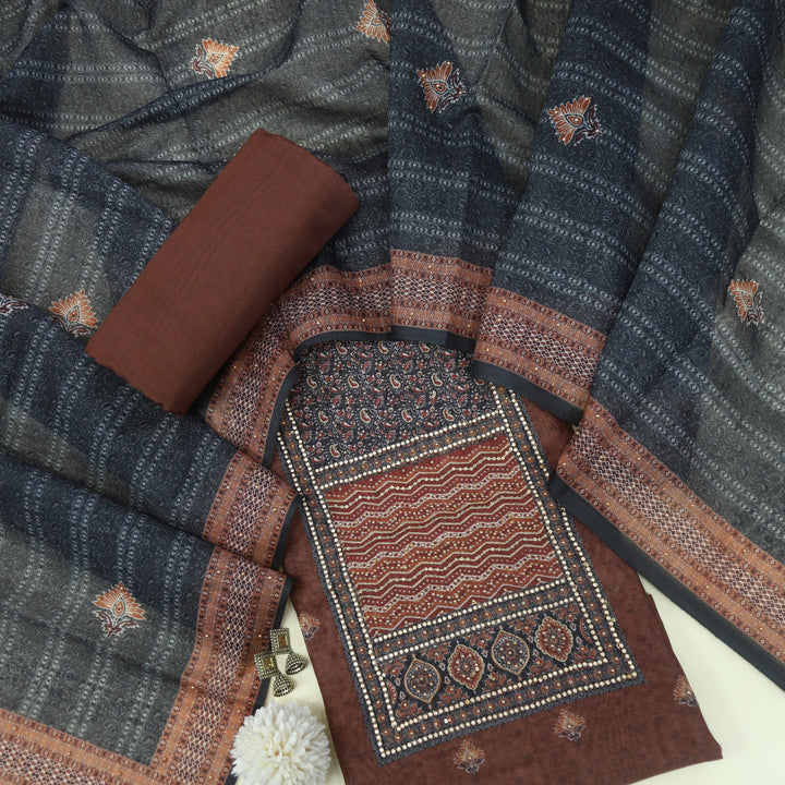 Sargoshi Pecan Brown Embellished Neckline Chanderi Top with Floral Printed Dupatta Set