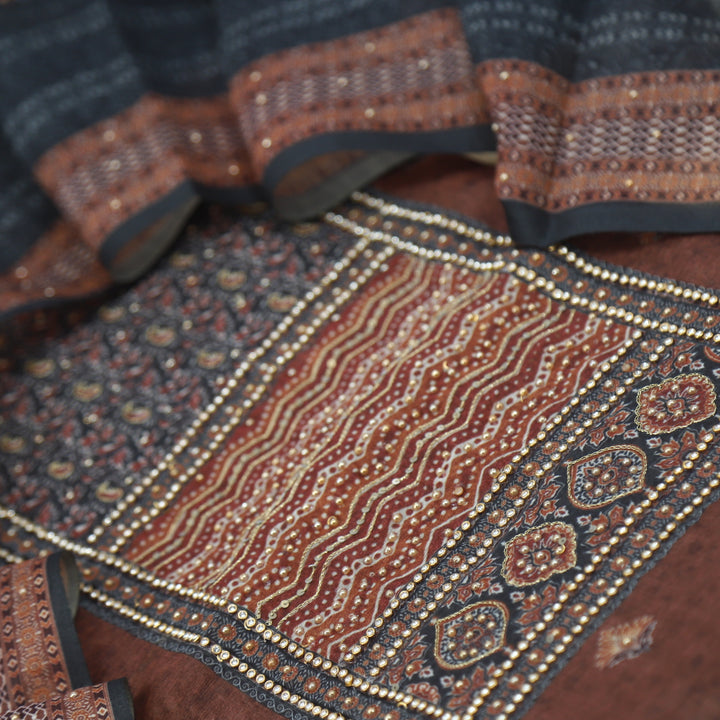 Sargoshi Pecan Brown Embellished Neckline Chanderi Top with Floral Printed Dupatta Set