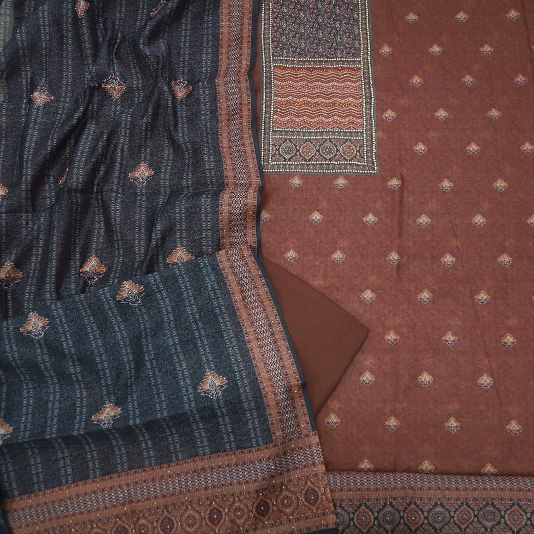 Sargoshi Pecan Brown Embellished Neckline Chanderi Top with Floral Printed Dupatta Set