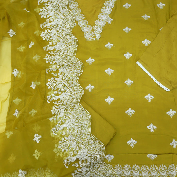 Bandegi Mustard Yellow Embroidered V Neck Muslin Top and Embroidered Organza Dupatta Set