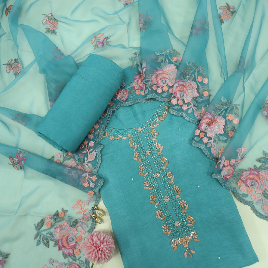 Bandegi Tiffany Blue Thread embordered Neck Work Dola Silk Top with Organza Dupatta Set