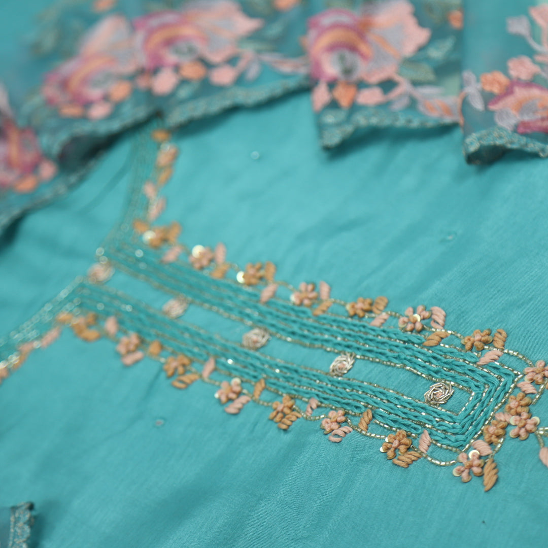 Bandegi Tiffany Blue Thread embordered Neck Work Dola Silk Top with Organza Dupatta Set