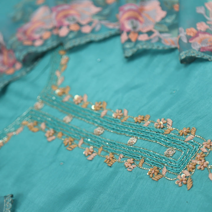 Bandegi Tiffany Blue Thread embordered Neck Work Dola Silk Top with Organza Dupatta Set