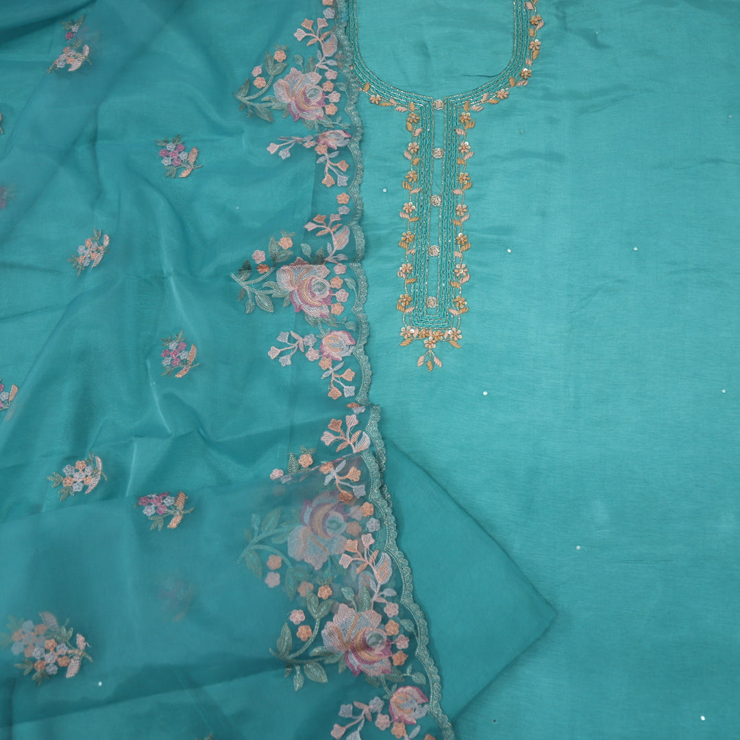Bandegi Tiffany Blue Thread embordered Neck Work Dola Silk Top with Organza Dupatta Set