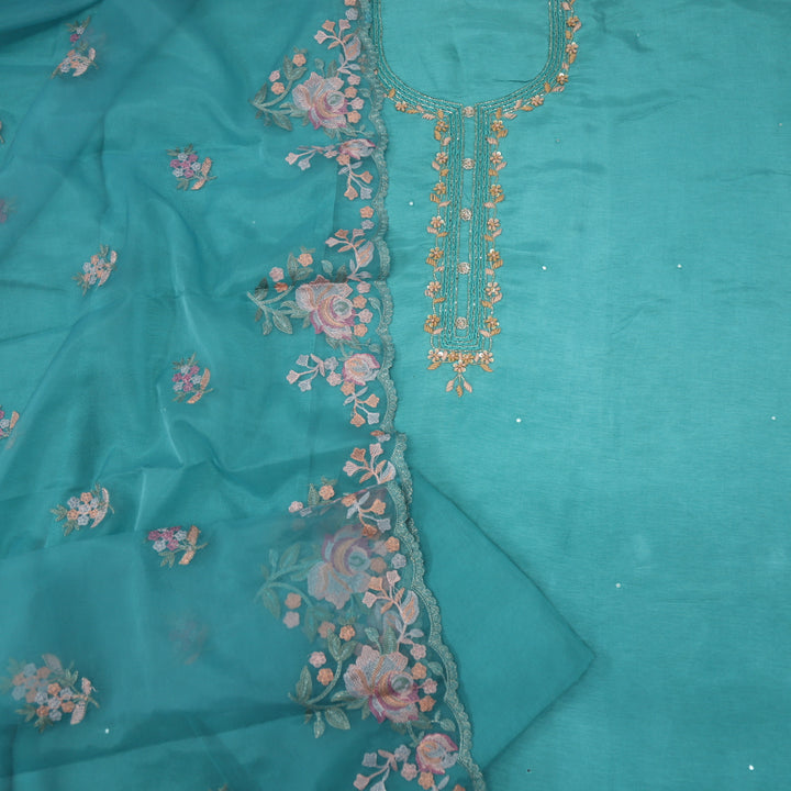 Bandegi Tiffany Blue Thread embordered Neck Work Dola Silk Top with Organza Dupatta Set