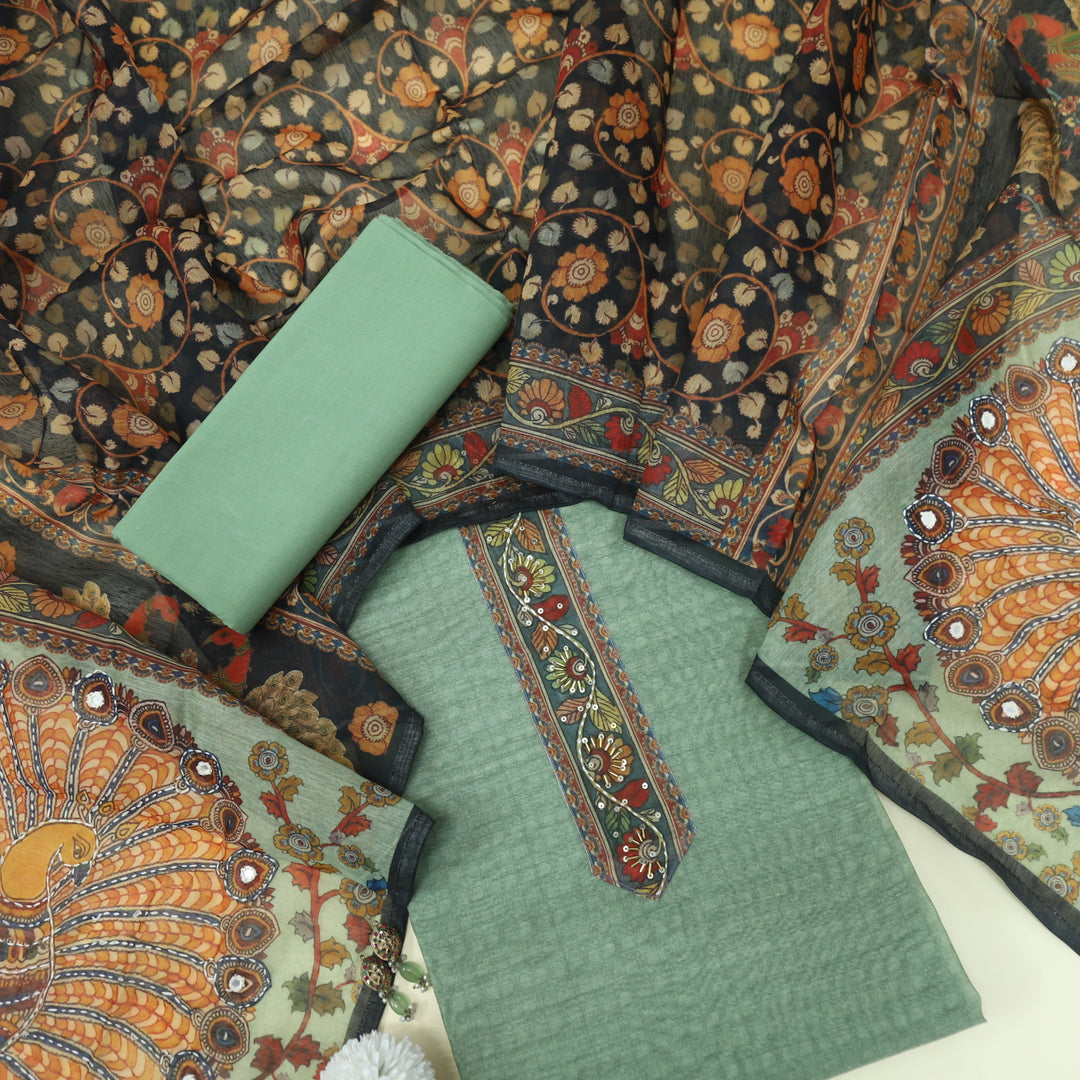 Kohinoor Cool Green Chanderi Top with Madhubani Kantha Dupatta Set