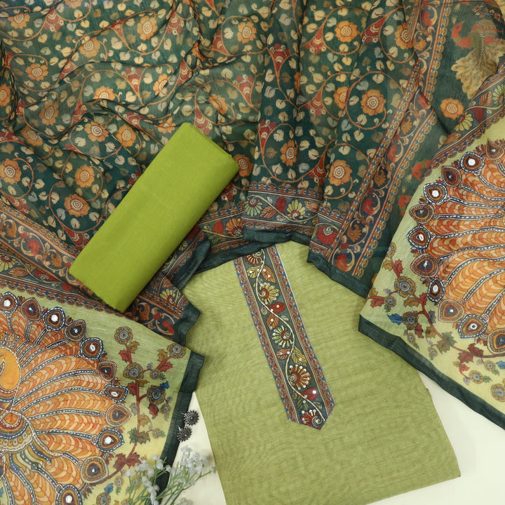 Kohinoor Avocado Green Chanderi Top with Madhubani Kantha Dupatta Set
