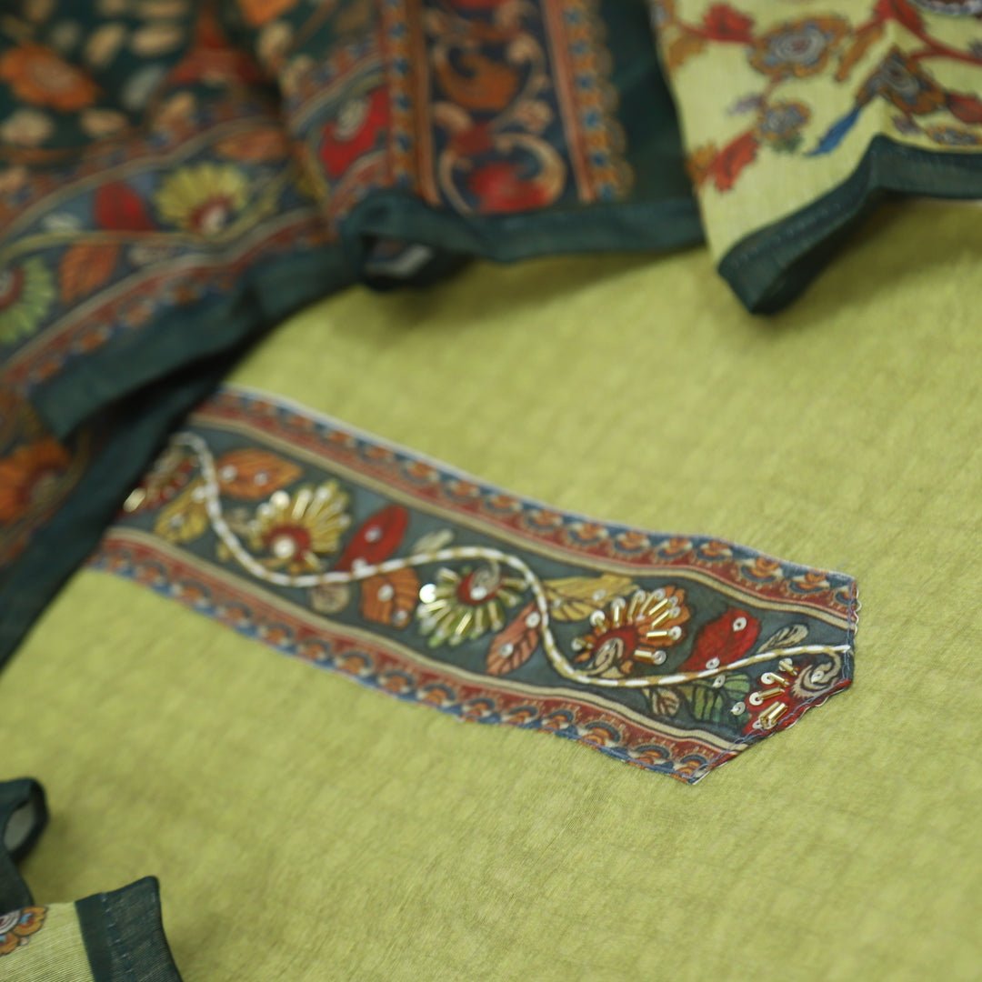 Kohinoor Avocado Green Chanderi Top with Madhubani Kantha Dupatta Set