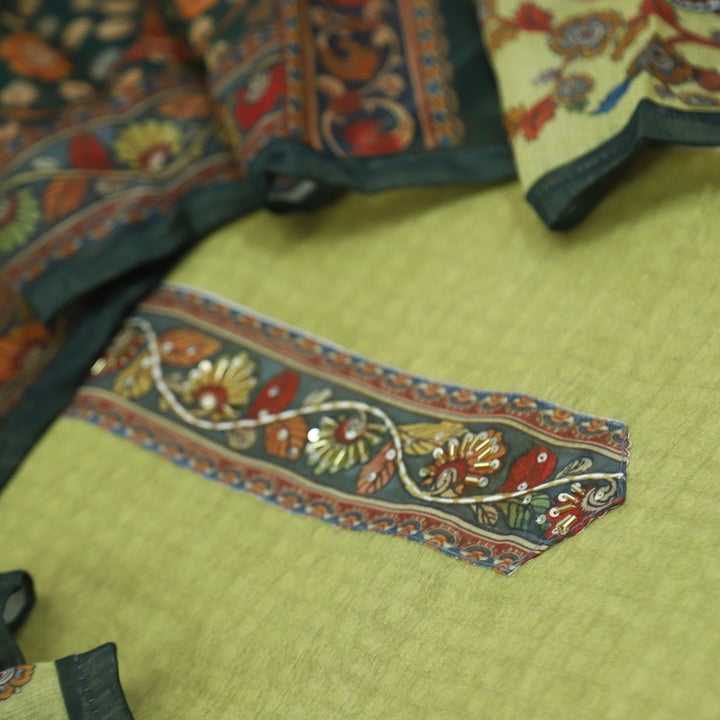 Kohinoor Avocado Green Chanderi Top with Madhubani Kantha Dupatta Set