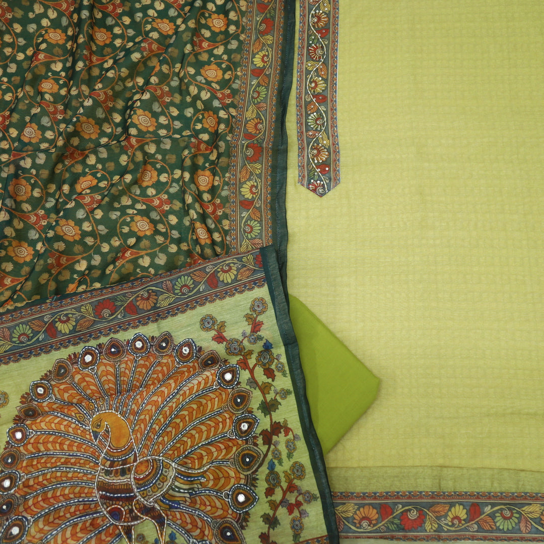 Kohinoor Avocado Green Chanderi Top with Madhubani Kantha Dupatta Set