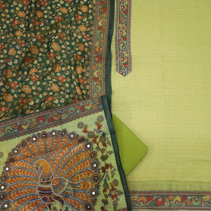 Kohinoor Avocado Green Chanderi Top with Madhubani Kantha Dupatta Set