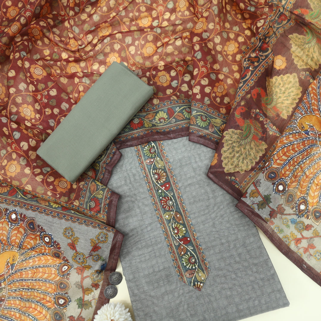 Kohinoor Slate Grey Chanderi Top with Madhubani Kantha Dupatta Set