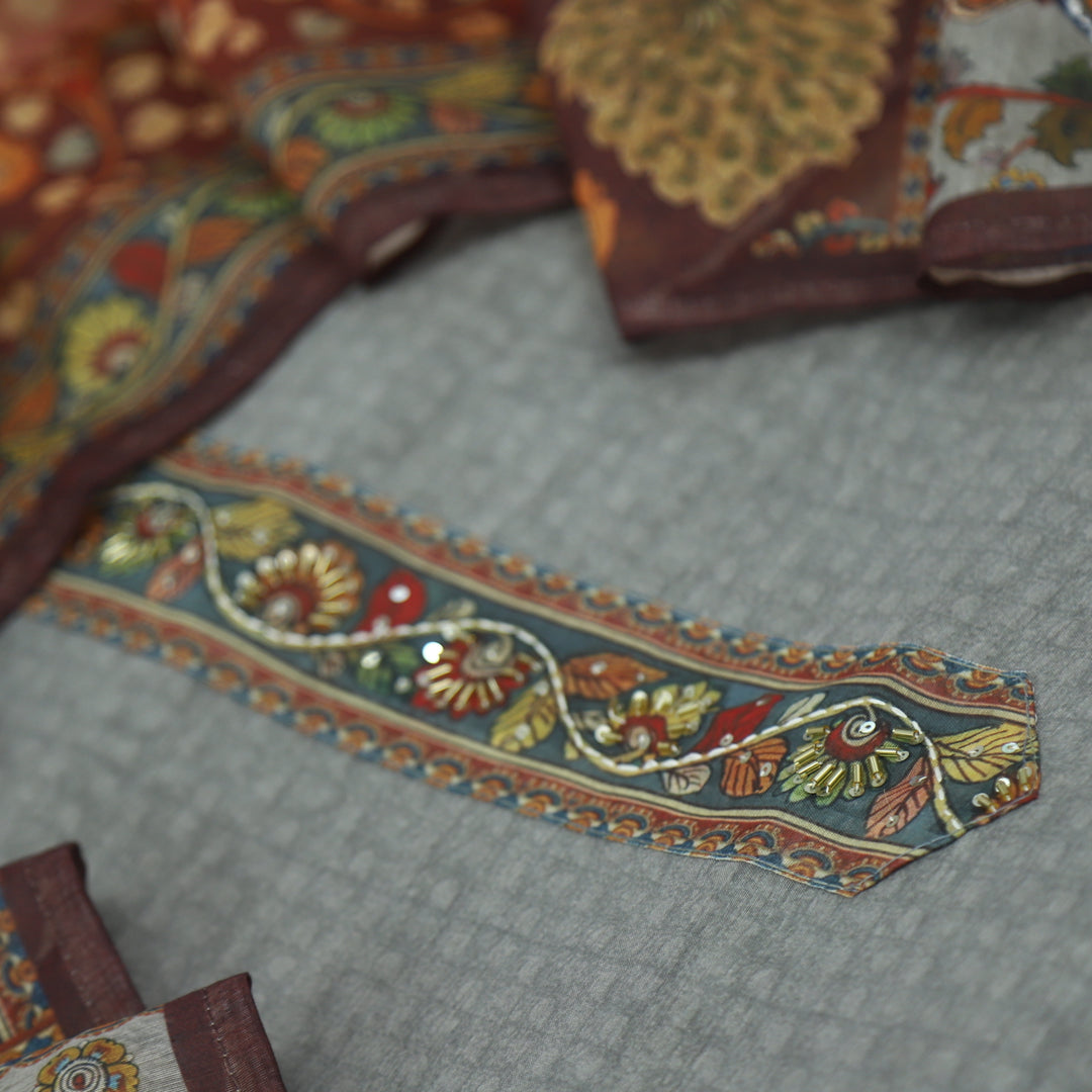 Kohinoor Slate Grey Chanderi Top with Madhubani Kantha Dupatta Set