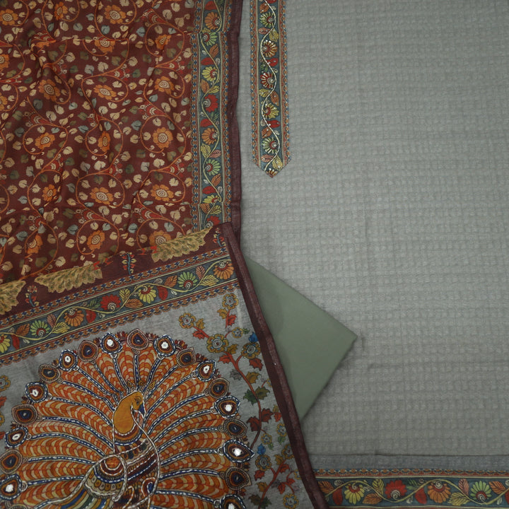 Kohinoor Slate Grey Chanderi Top with Madhubani Kantha Dupatta Set