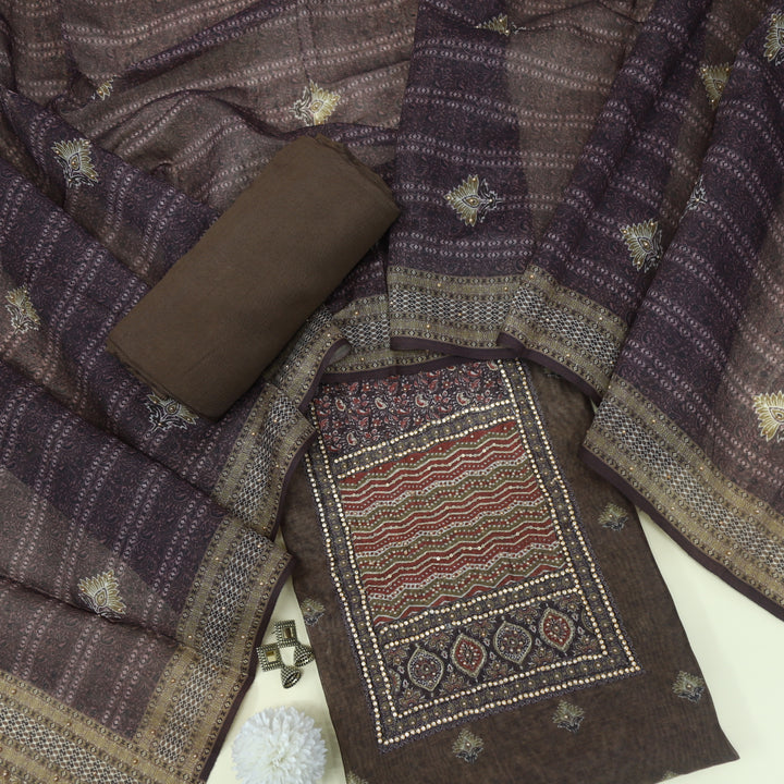 Sargoshi Coffee Brown Embellished Neckline Chanderi Top with Floral Printed Dupatta Set
