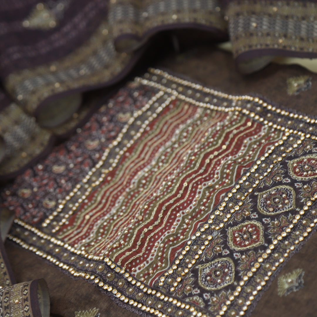 Sargoshi Coffee Brown Embellished Neckline Chanderi Top with Floral Printed Dupatta Set