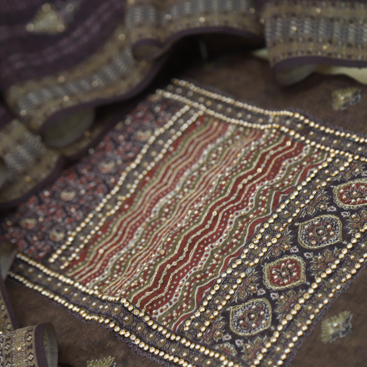 Sargoshi Coffee Brown Embellished Neckline Chanderi Top with Floral Printed Dupatta Set