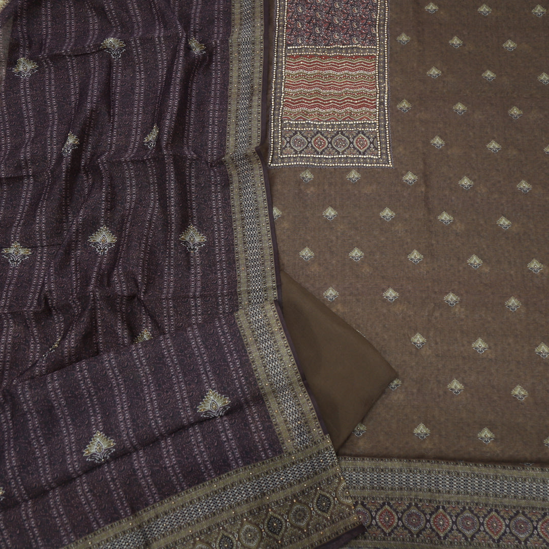 Sargoshi Coffee Brown Embellished Neckline Chanderi Top with Floral Printed Dupatta Set