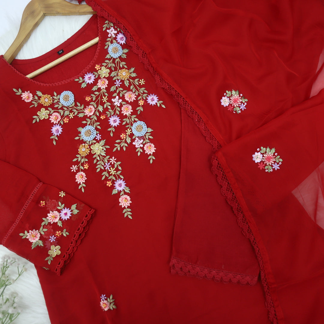 Zeenat Bridal Red Floral Embroidered Neck Organza Top with Organza Dupatta Set