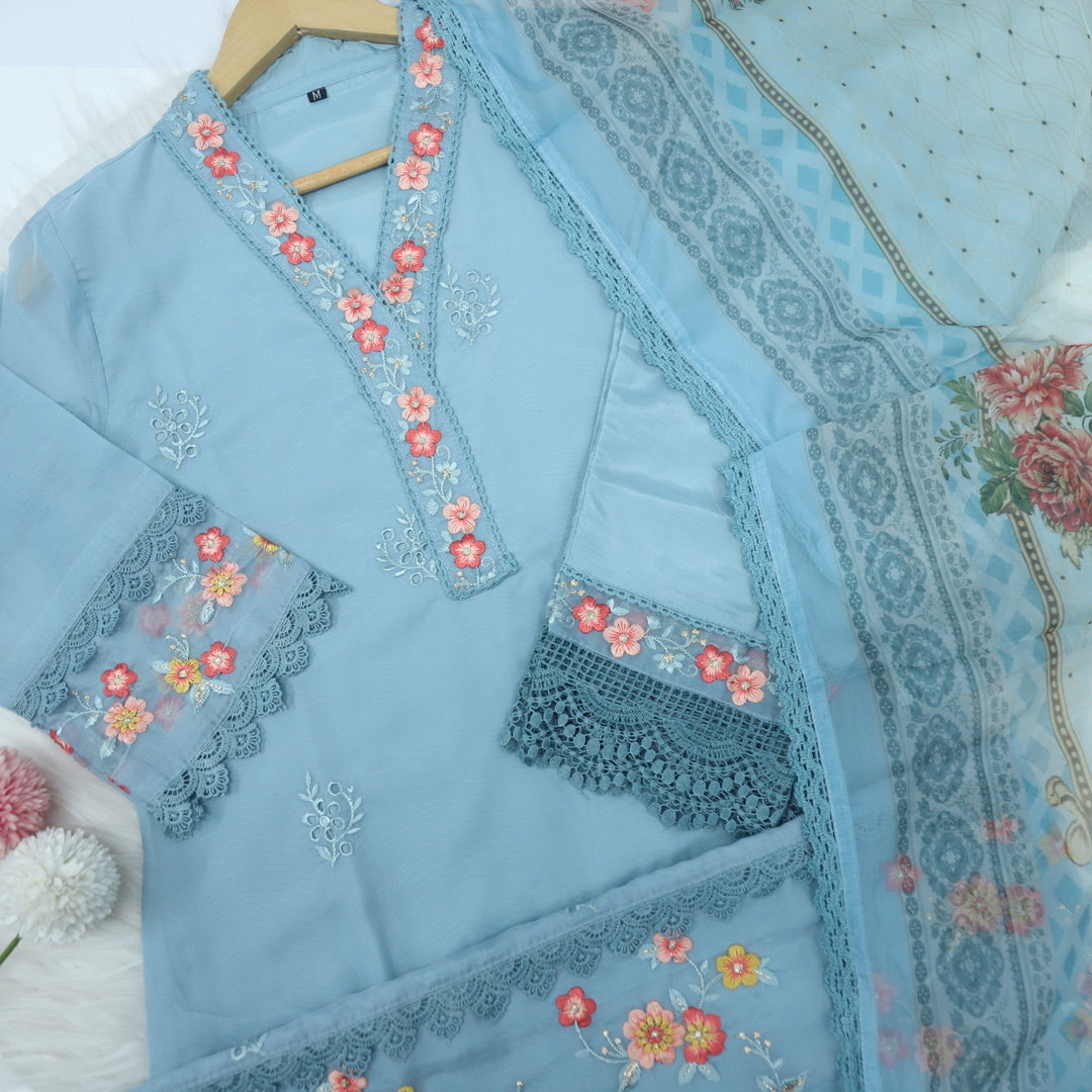 Nazaakat Pastel Blue V Neck Lace Work Organza Top with Printed Organza Dupatta 3 Piece Set