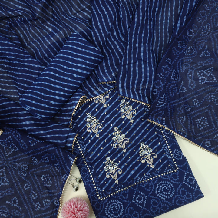 Laazmi Dark Blue Bandhani Print Cotton Top with Cotton Dupatta