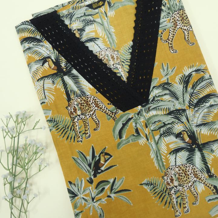 Paakija Dijon Yellow Lace Work Tropical Printed Cotton Top