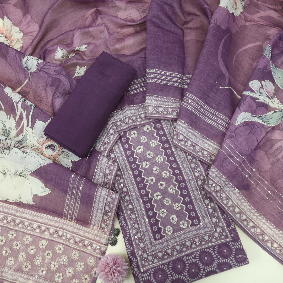 kohinoor Grape Purple Chanderi Top with Kantha Dupatta