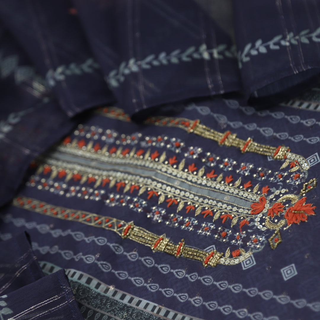 Kohinoor Midnight Blue Printed Chanderi Top with Chanderi Silk Dupatta