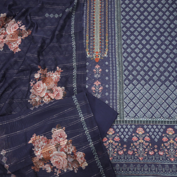 Kohinoor Midnight Blue Printed Chanderi Top with Chanderi Silk Dupatta