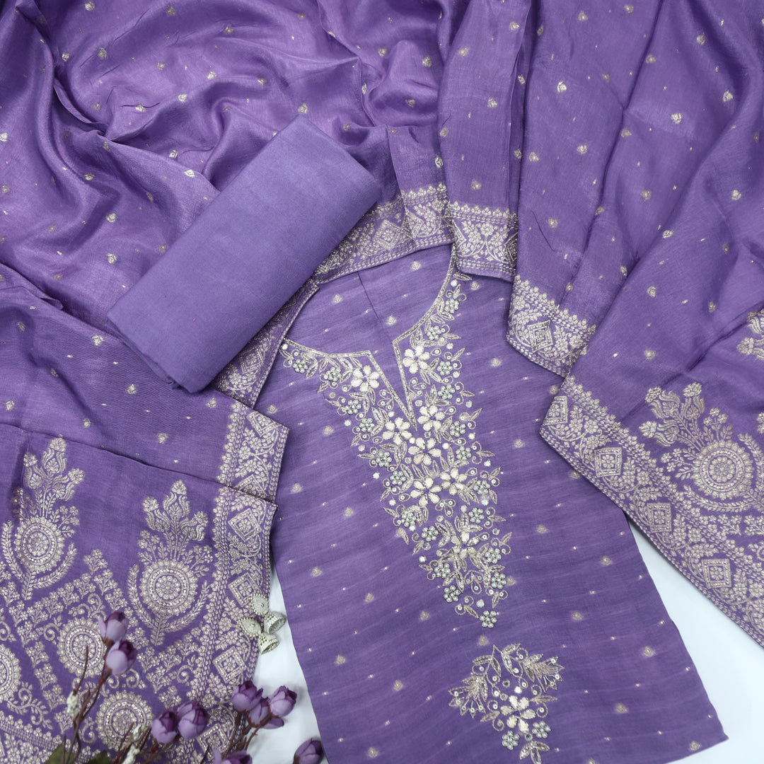 Shiddat Royal Purple Dola Silk Top With Dola Silk Dupatta