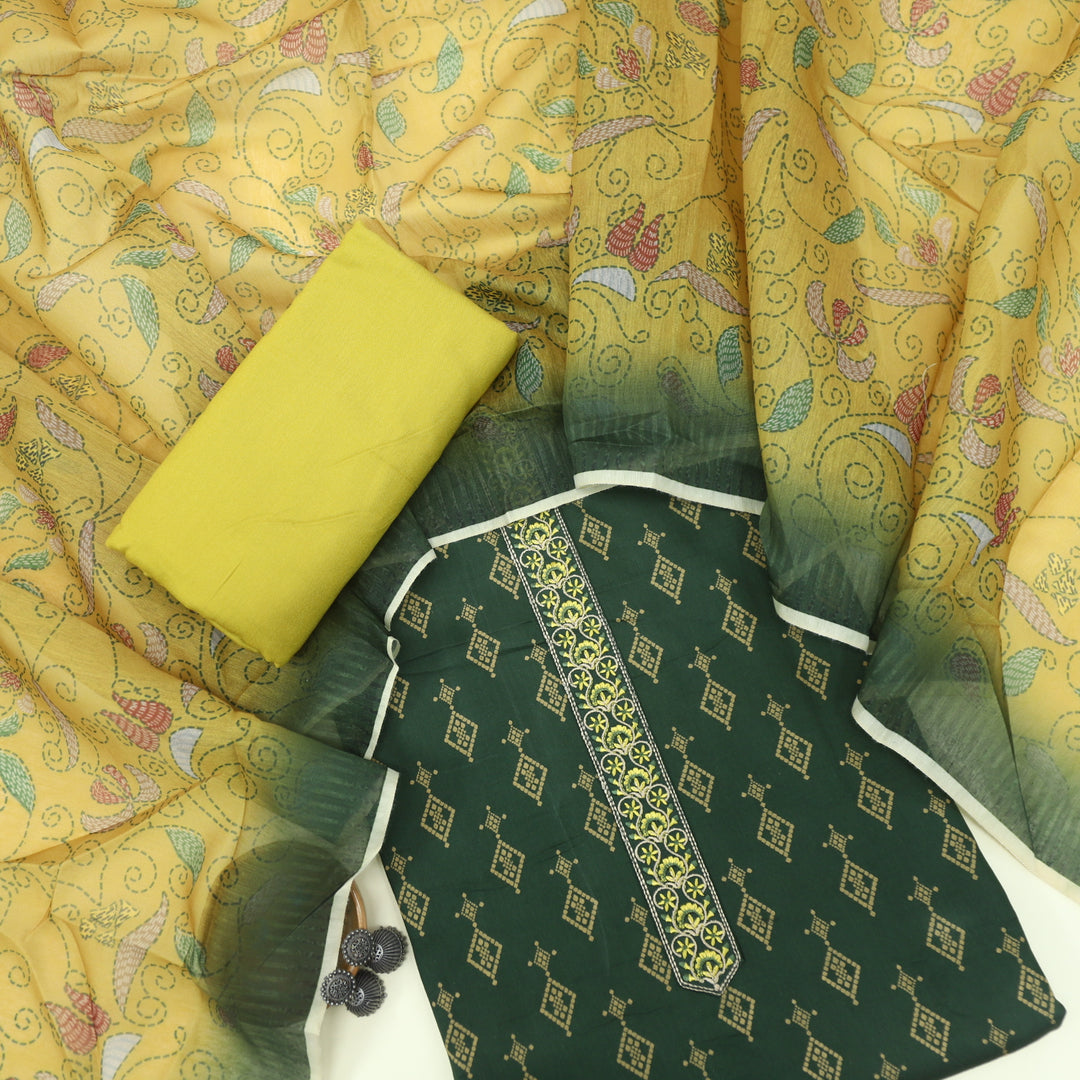 Ulfat Pine Green Cotton Rayon With Chanderi Dupatta