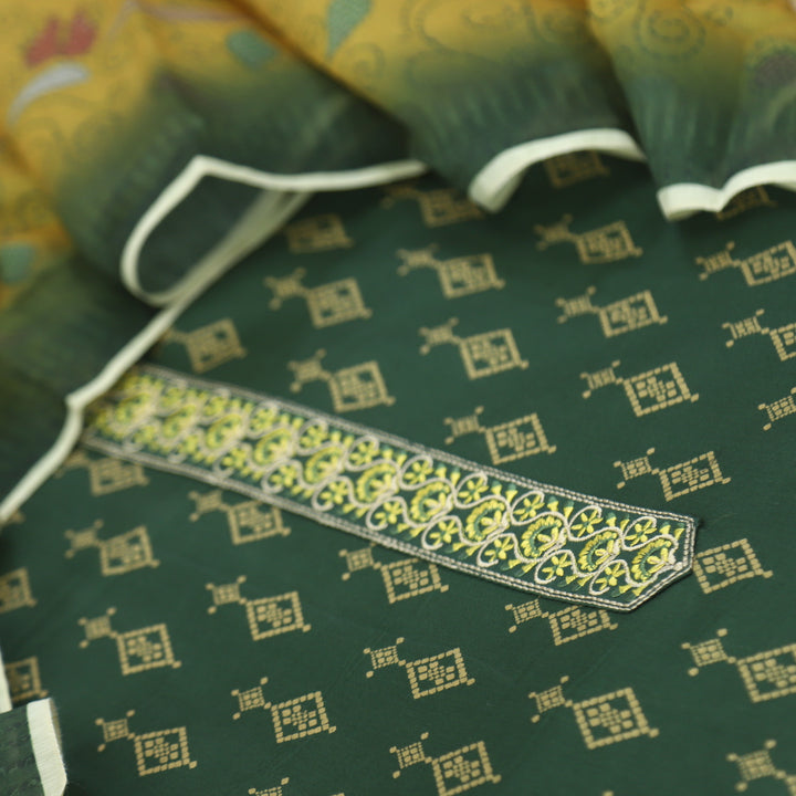 Ulfat Pine Green Cotton Rayon With Chanderi Dupatta