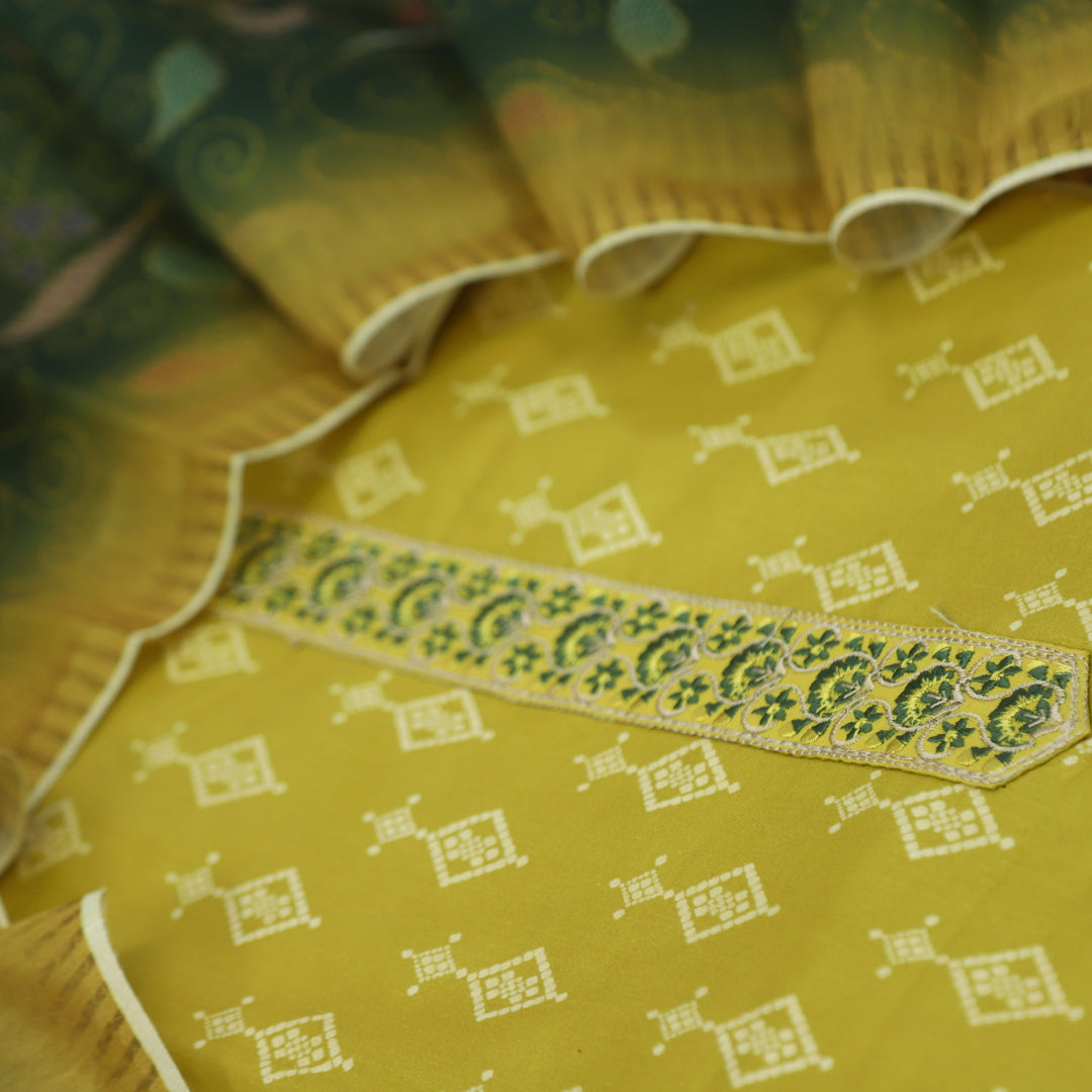 Ulfat Dijon Yellow Cotton Rayon With Chanderi Dupatta