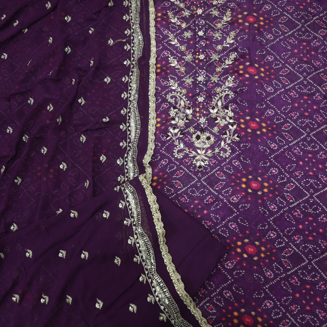 Bayann Plum Purple Badhani Printed Crepe Top and Chiffon Dupatta